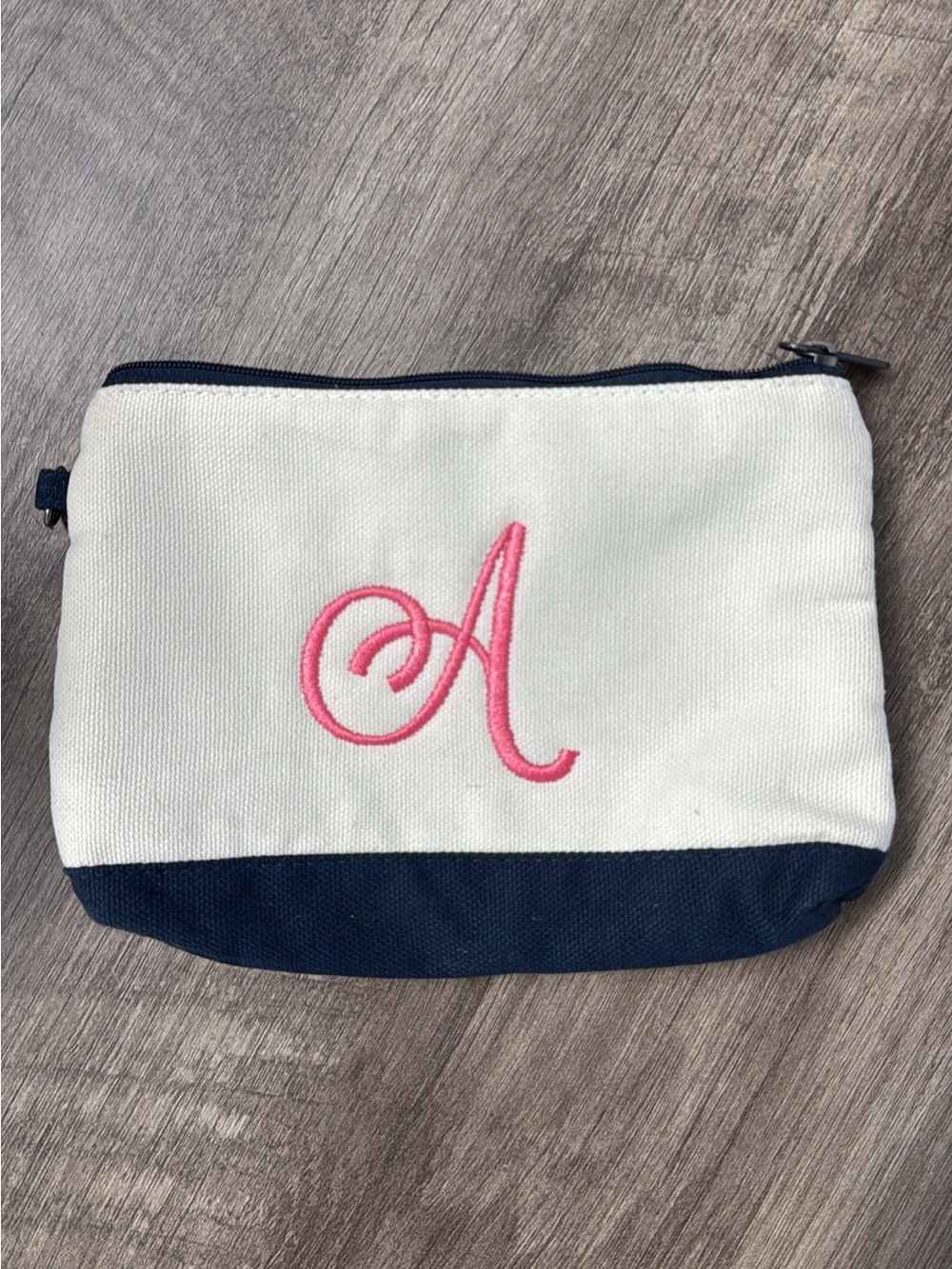 thirty-one Navy & Canvas Small Zipper  Pouch with Pink Monogram A